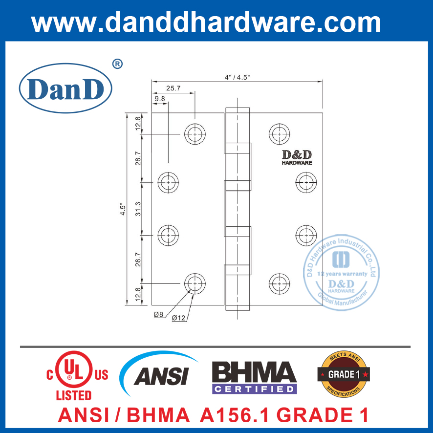 Aço inoxidável NRP ANSI ANSI GRADE 1 BHMA Hinges-DDSS001-Ansi-1-4.5x4x4.6