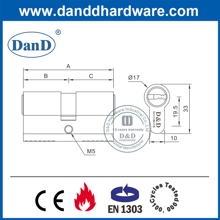 EN1303 Gloden Segurança Mortise da porta Double Cylinder-DDLC003