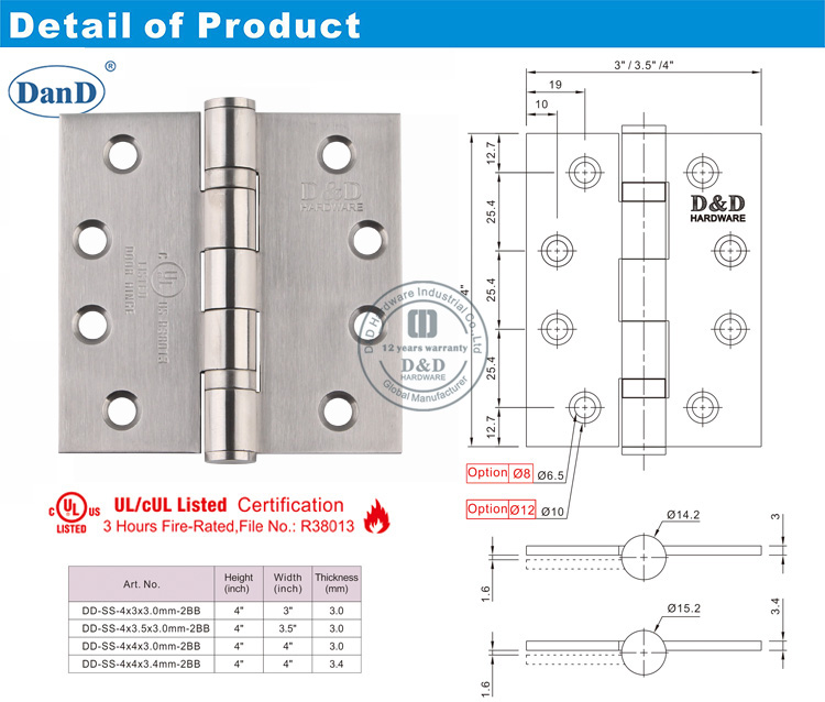 Ul listado por porta de fogo Hinge-D e D Hardware
