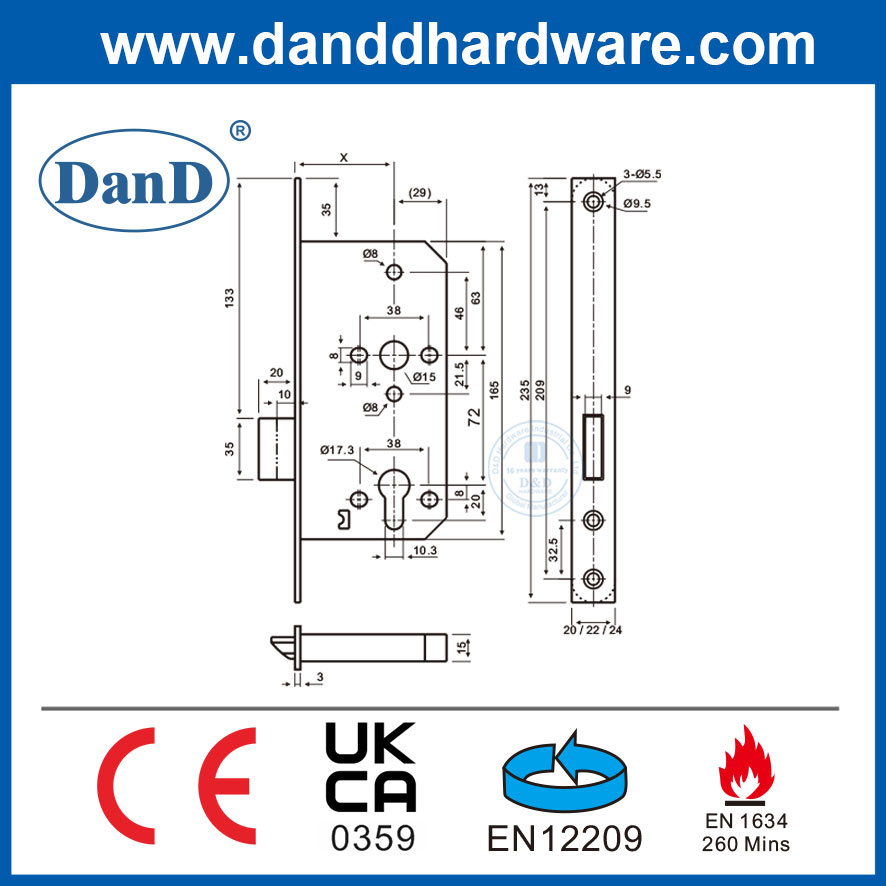 Certificado CE EN12209 Classificação de incêndio SS304 Mortise Deadbolt Lock para Fire Door-DDML013-6072