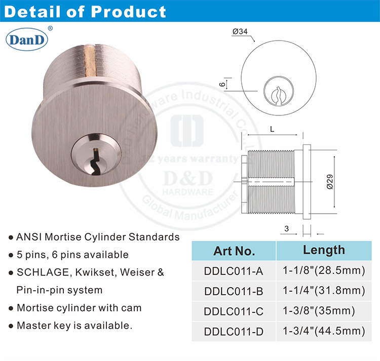 Ansi Mortise Cilindro Lock-D e D Harddware