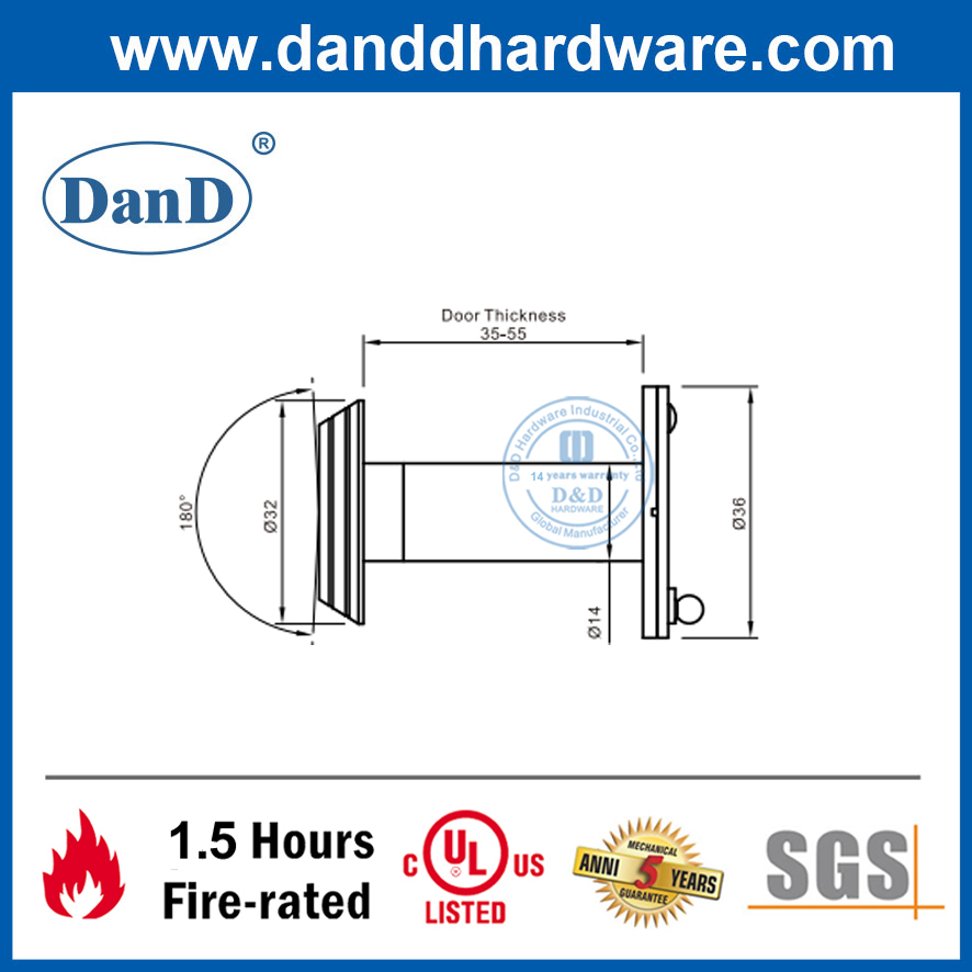 Incêndio Ul listado 180 graus de porta externa Peephole em portas classificadas por incêndio-DDDV007