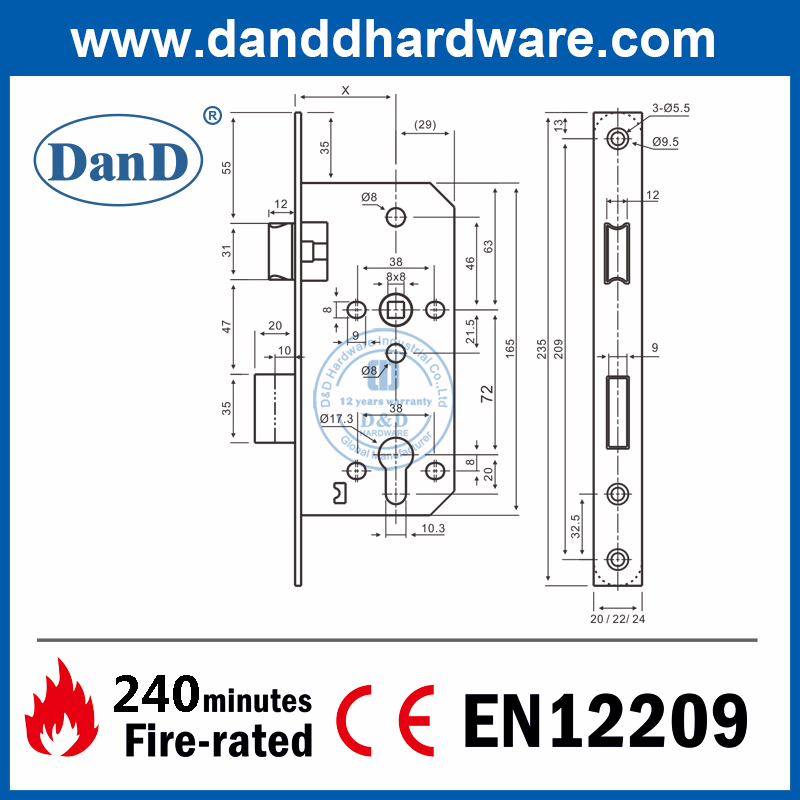 BS EN12209 Aço inoxidável 304 EURO Classificação da porta Mortise Lock-DDML009 