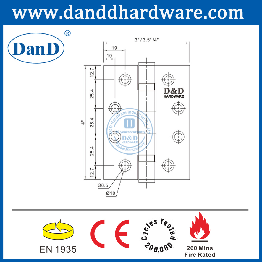 EN1634 Classificação de incêndio Aço inoxidável CE EN1935 Porta preta Hinge-DDSS001-CE-4x4x3
