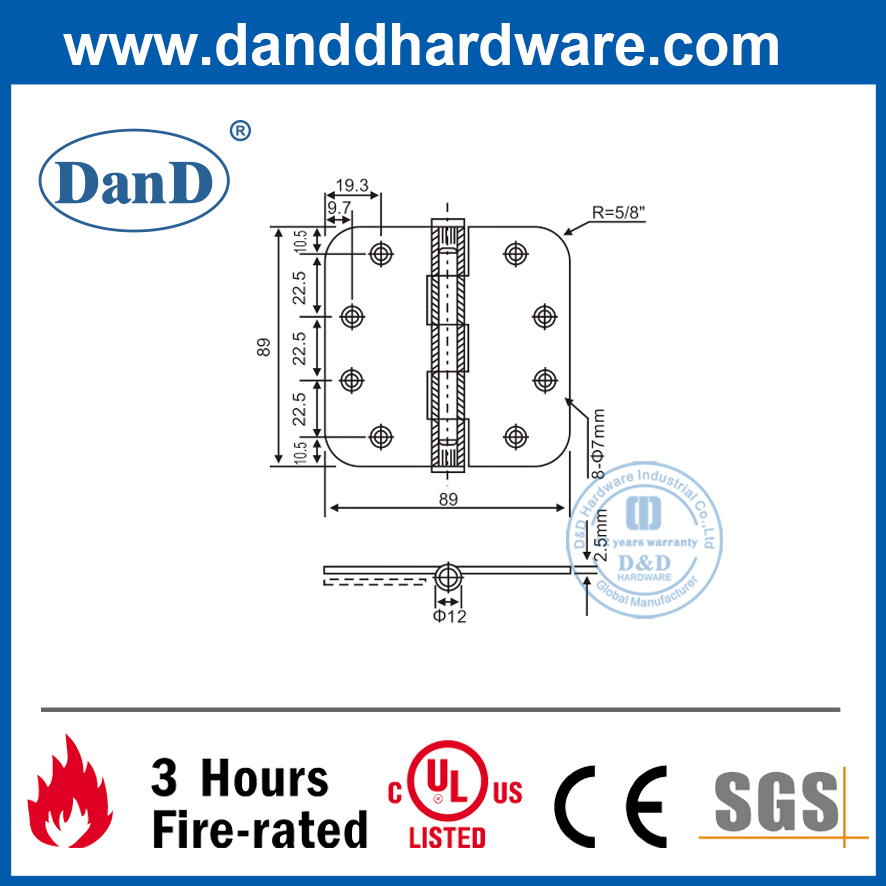 Liteira de latão sólido junta redonda porta de canto dobradiça-DDBH009