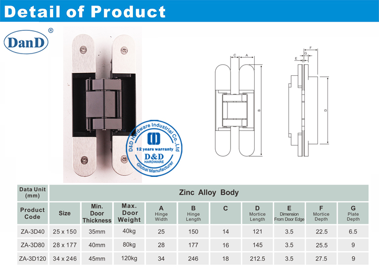Dobradi&ccedil;a escondida para portas pesadas e d hardware-40kg